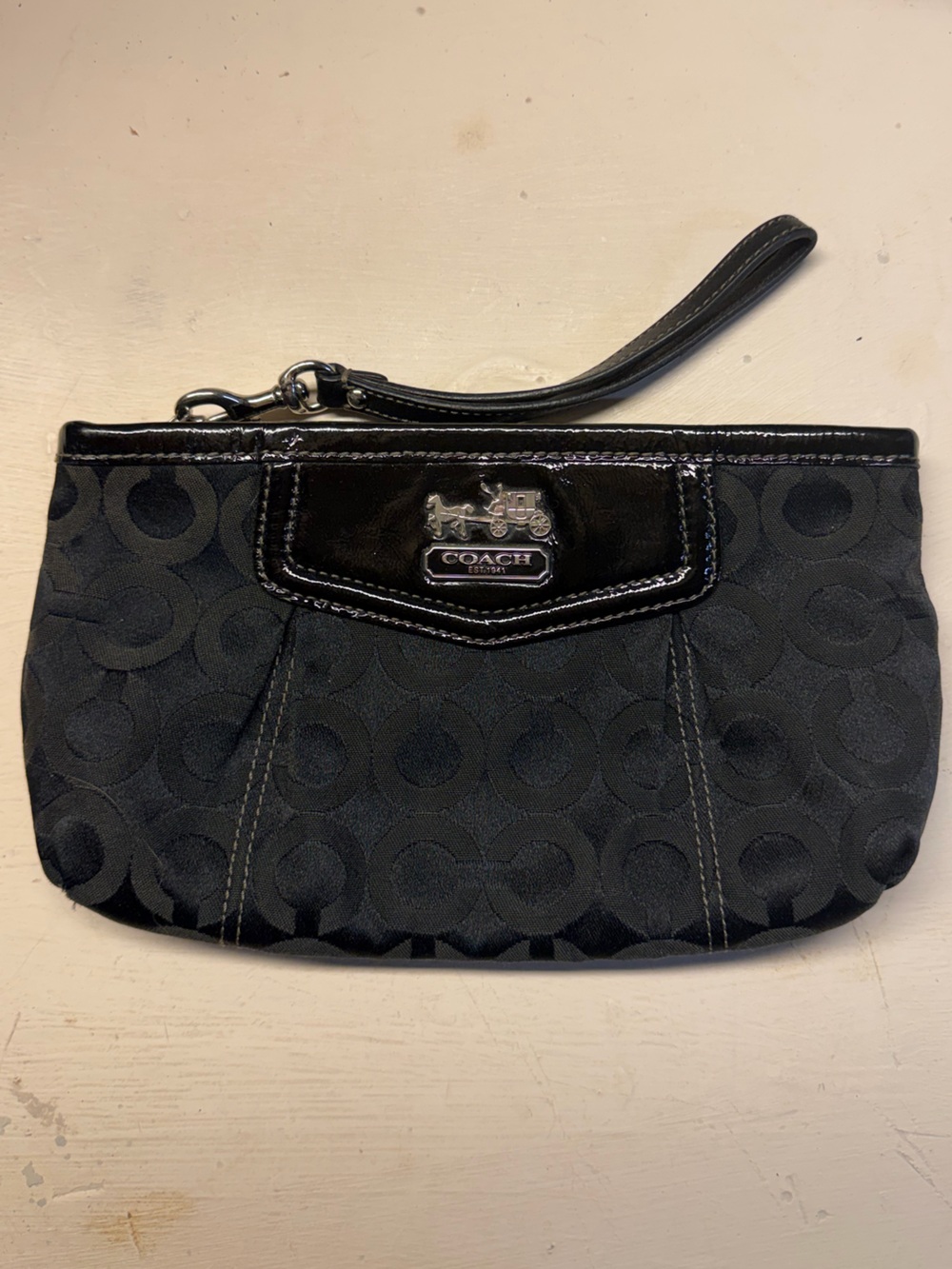 Coach Black Signature Wristlet with Patent Trim